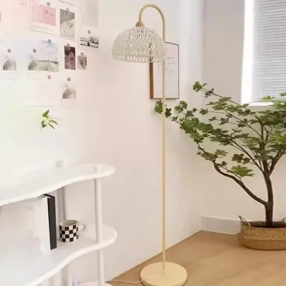 Modern Rattan Floor Lamp with Metal Base for Living Room Image - 3