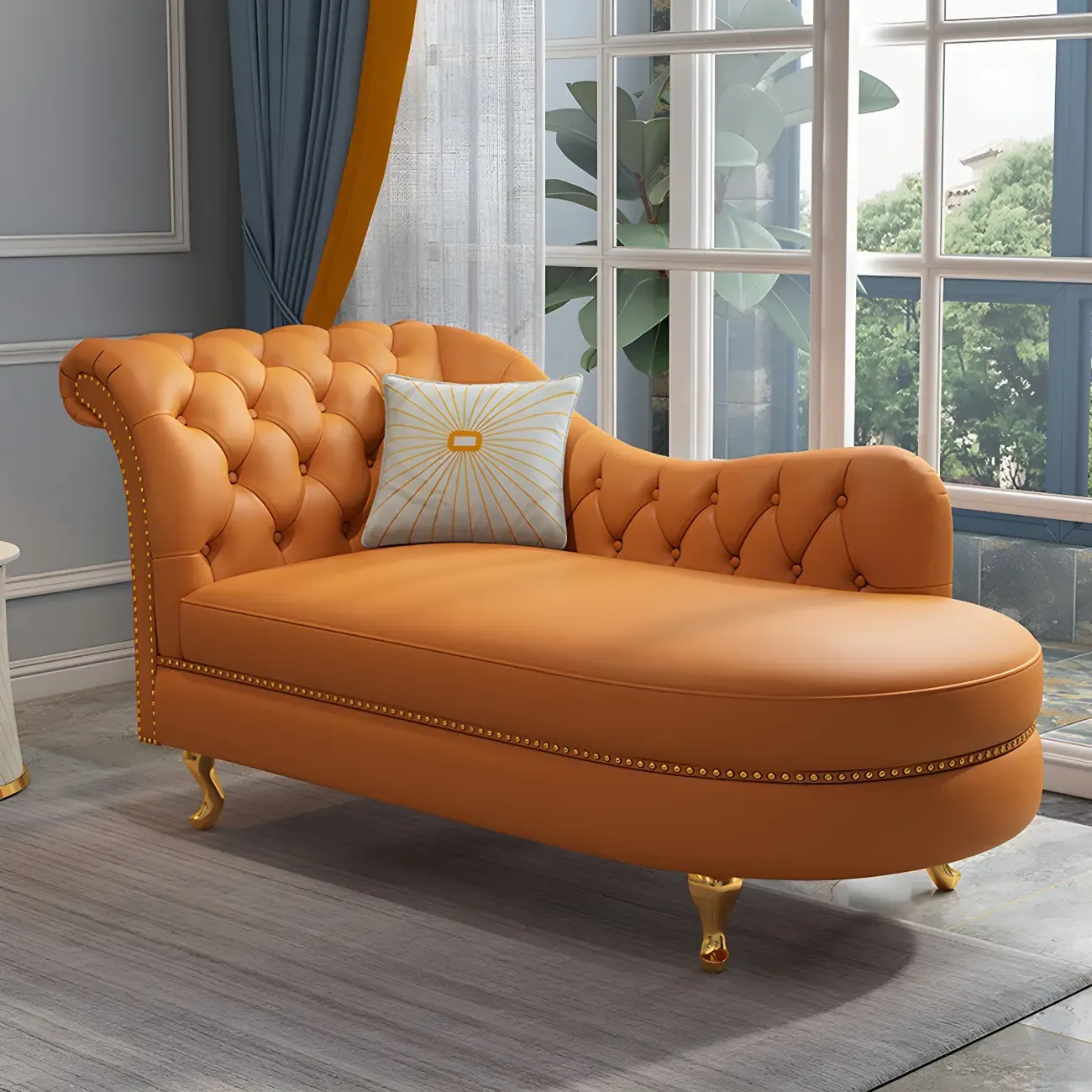 Genuine Leather Grey One Arm Indoor Chaise Lounge with Nailhead Trim and Pillow Image - 4