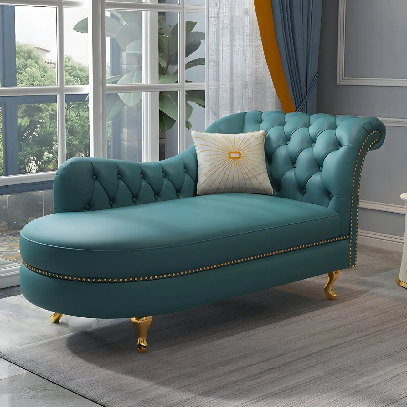 Genuine Leather Grey One Arm Indoor Chaise Lounge with Nailhead Trim and Pillow Image - 5
