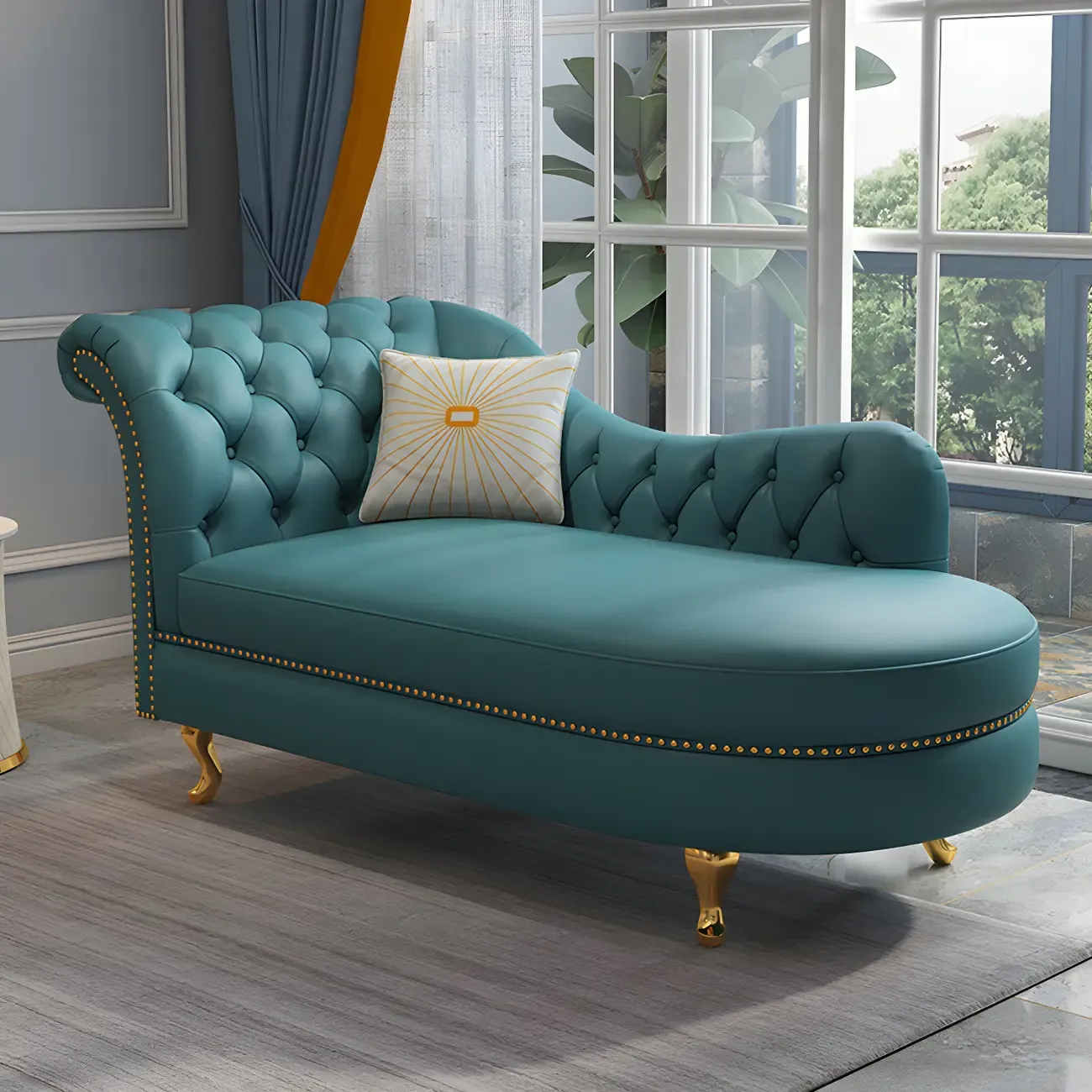 Genuine Leather Grey One Arm Indoor Chaise Lounge with Nailhead Trim and Pillow Image - 6