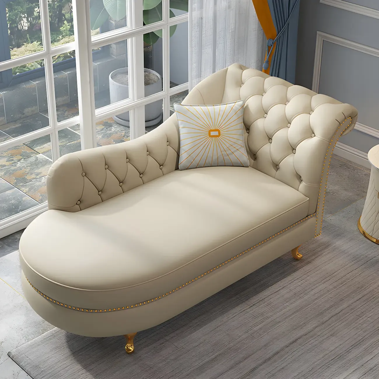 Genuine Leather Grey One Arm Indoor Chaise Lounge with Nailhead Trim and Pillow Image - 7