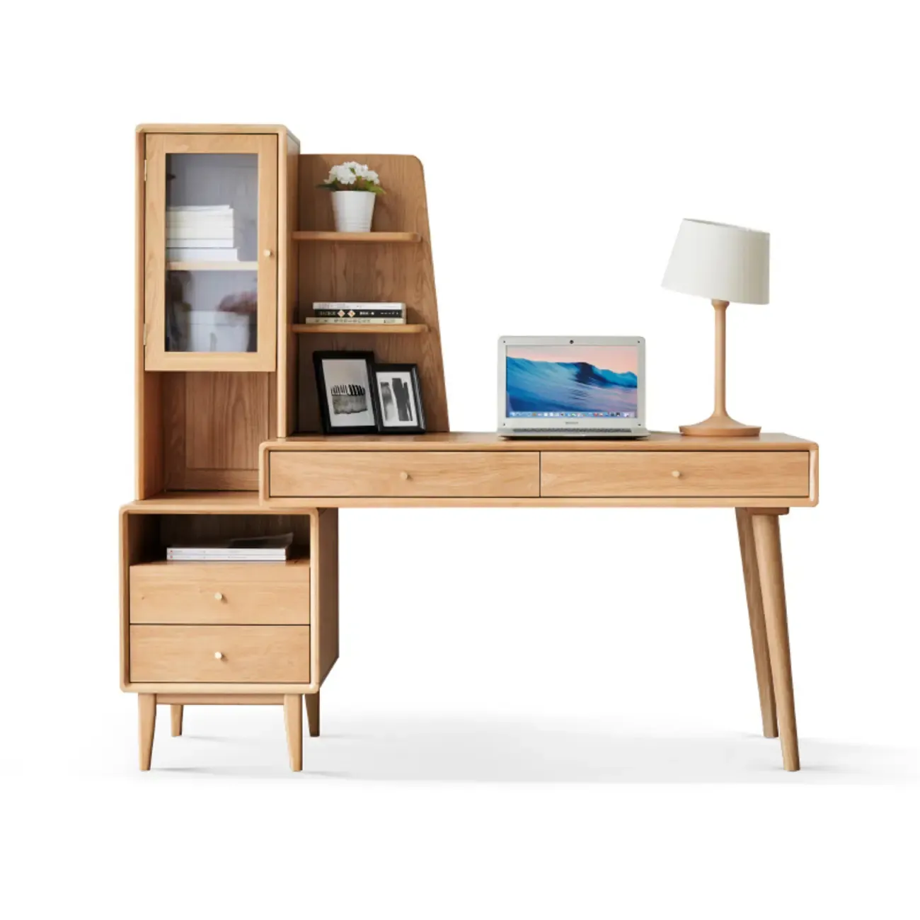 Modern Wooden Writing Desk with Drawers & Shelves in Walnut Image - 15