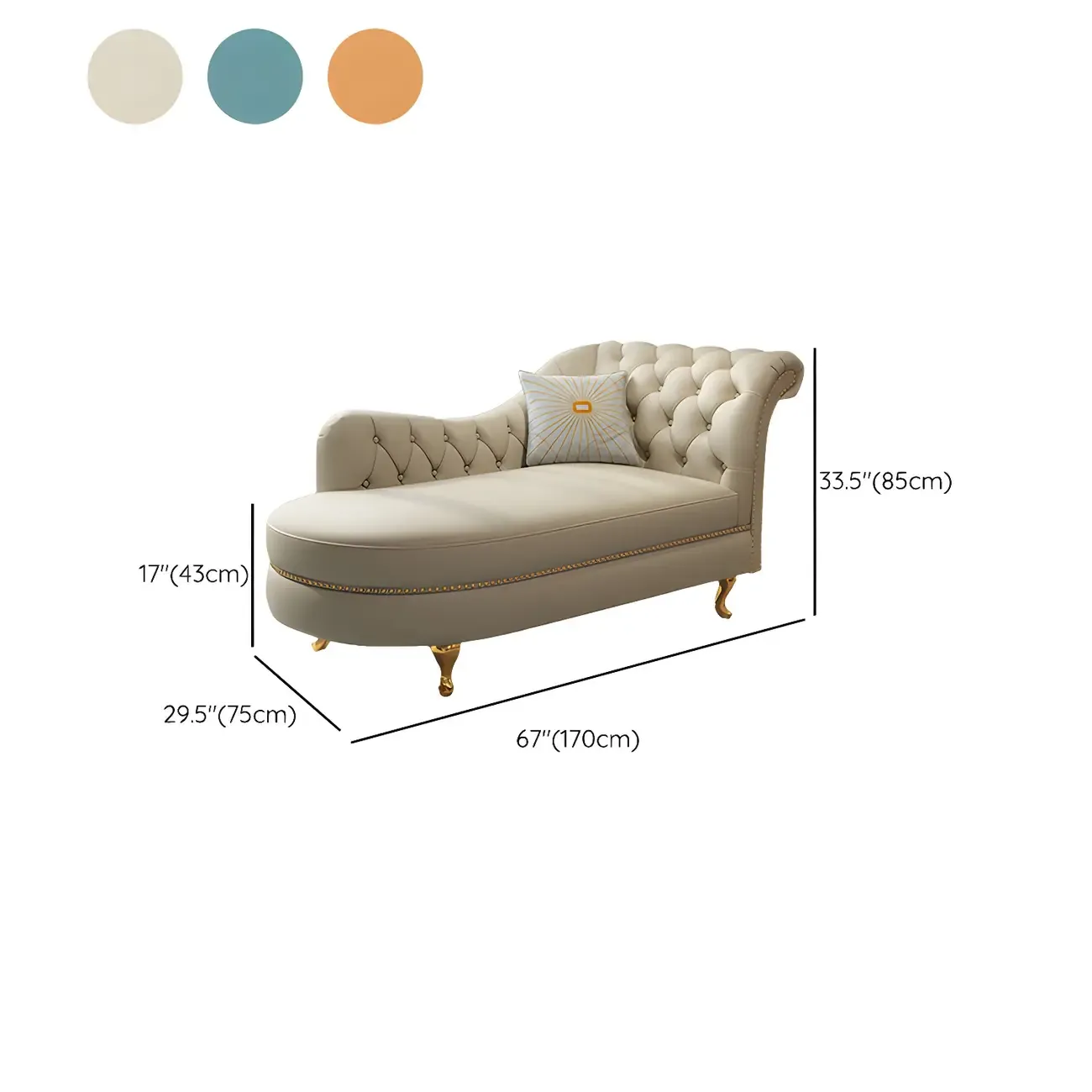 Genuine Leather Grey One Arm Indoor Chaise Lounge with Nailhead Trim and Pillow #size