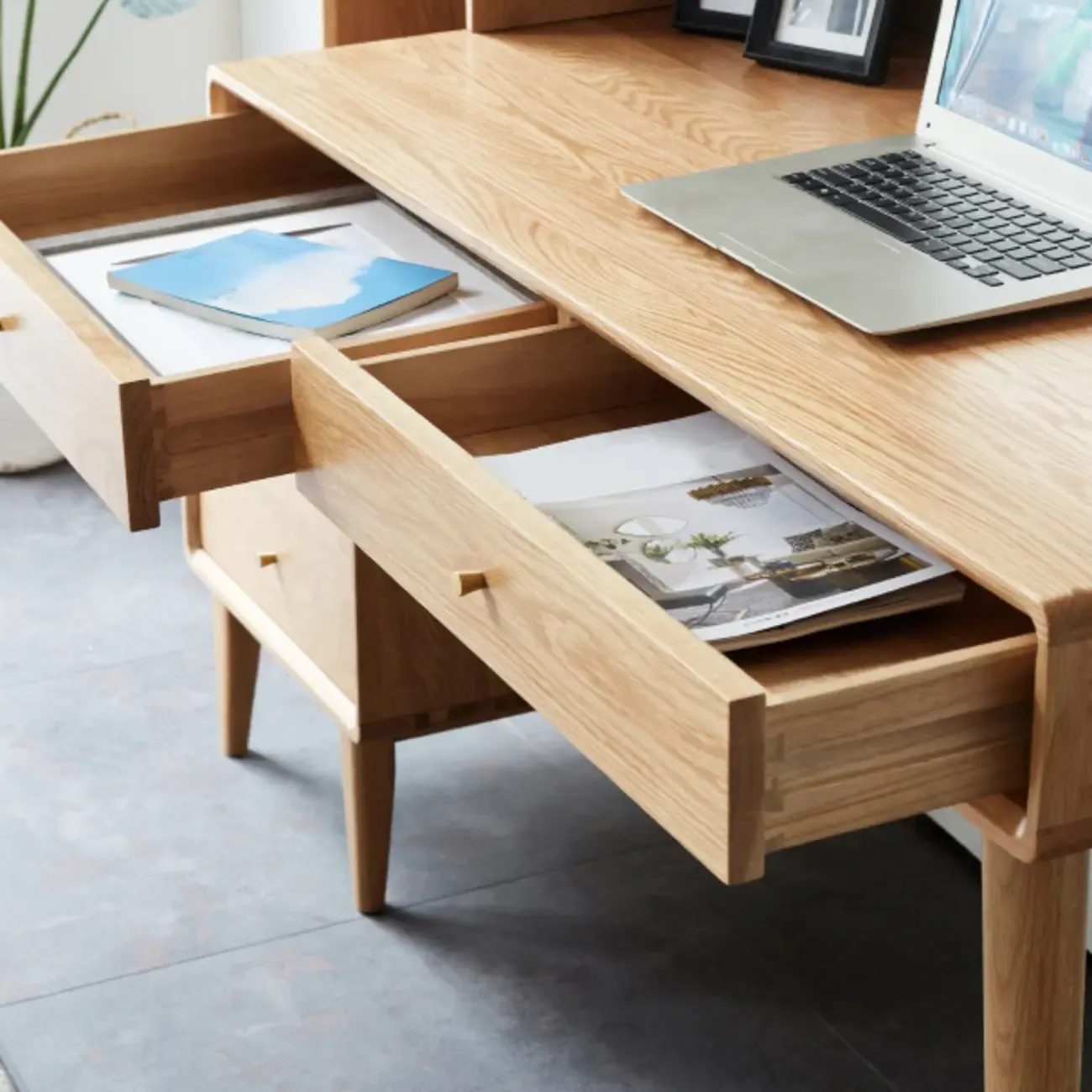 Modern Wooden Writing Desk with Drawers & Shelves in Walnut Image - 17