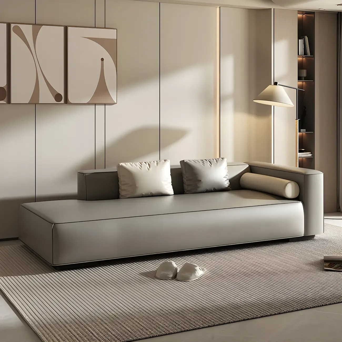 Modern Leather Wooden Chaise Lounge with Square Arm Image - 2