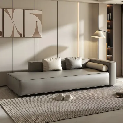 Modern Leather Wooden Chaise Lounge with Square Arm Image - 2