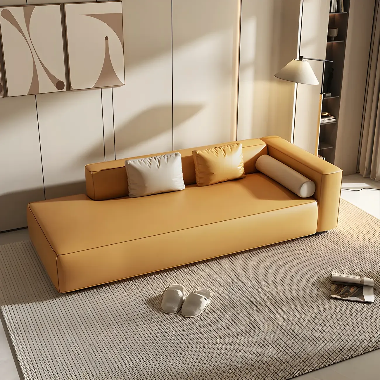 Modern Leather Wooden Chaise Lounge with Square Arm Image - 3