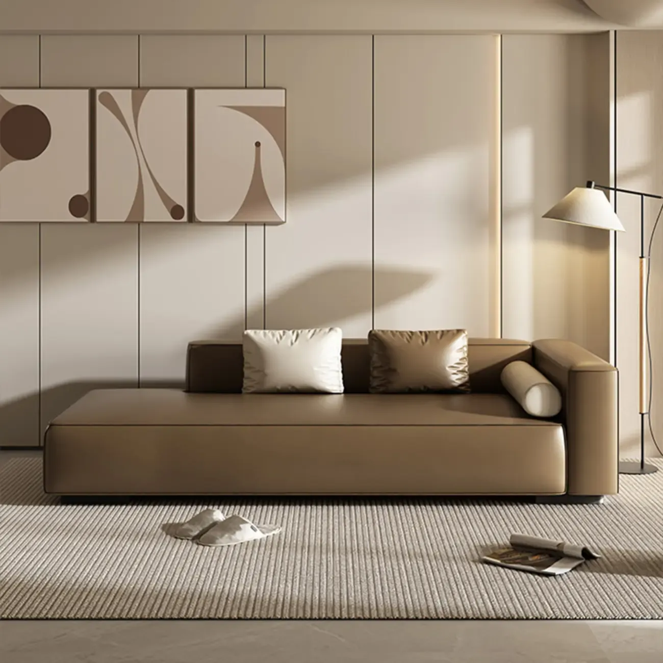 Modern Leather Wooden Chaise Lounge with Square Arm Image - 4