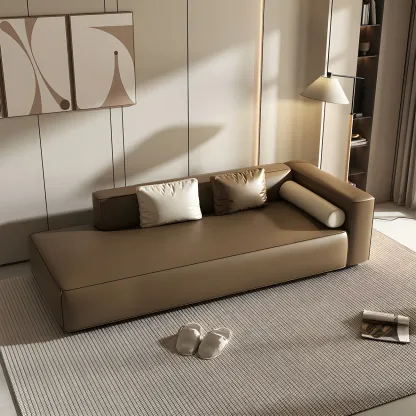 Modern Leather Wooden Chaise Lounge with Square Arm Image - 5