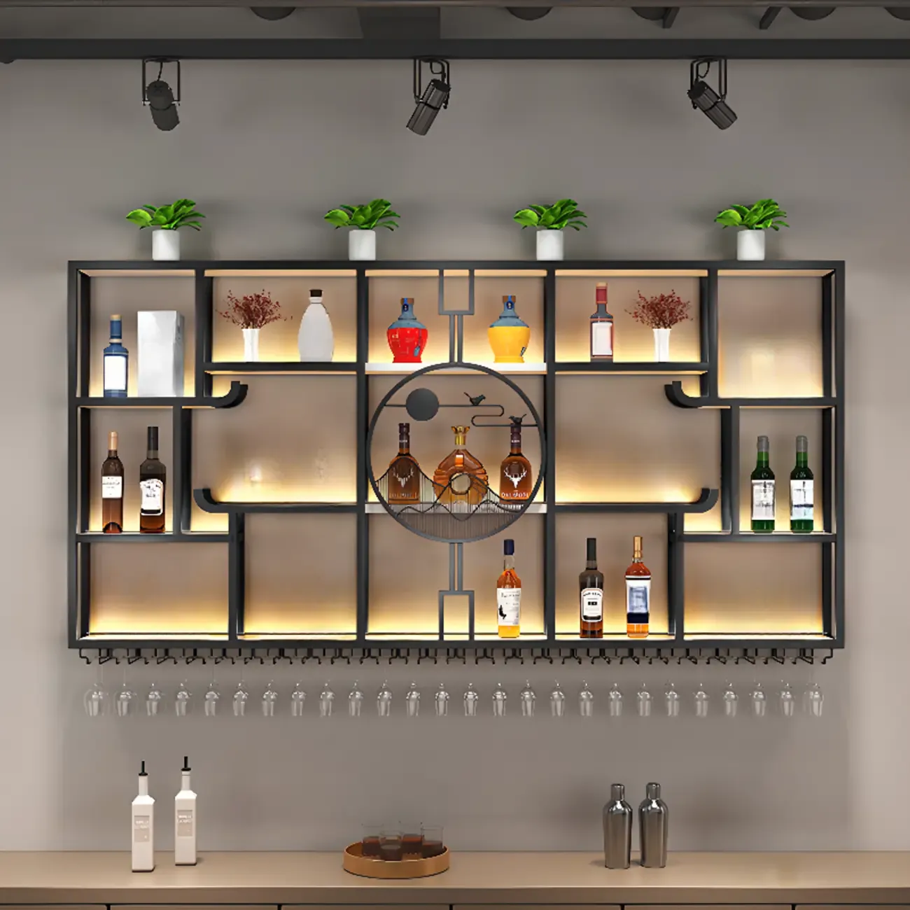 Wall-Mounted Metal Wine Rack with Glass Holder Image - 4