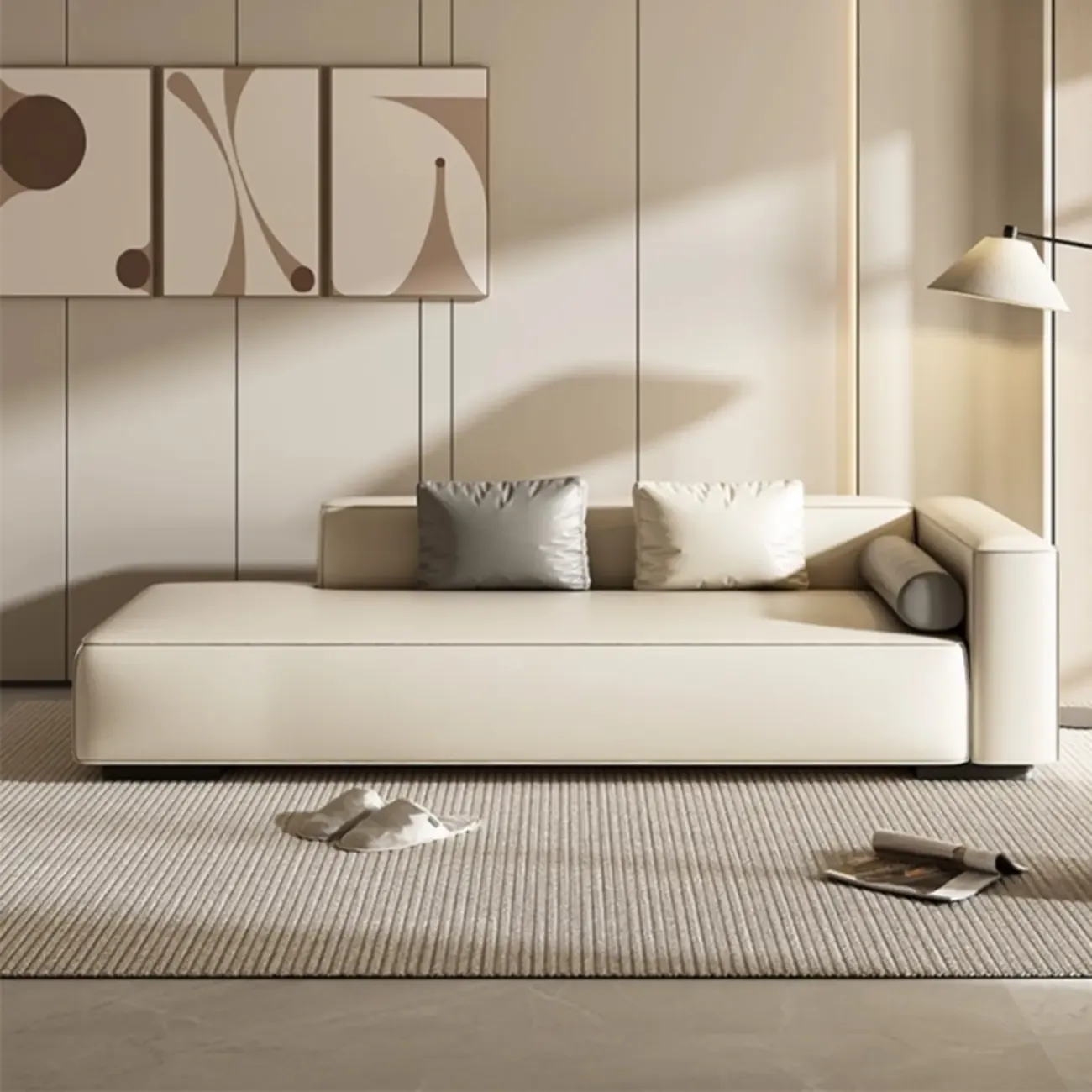 Modern Leather Wooden Chaise Lounge with Square Arm Image - 6