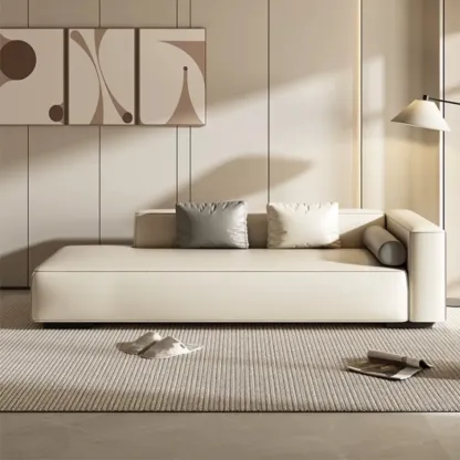 Modern Leather Wooden Chaise Lounge with Square Arm Image - 6