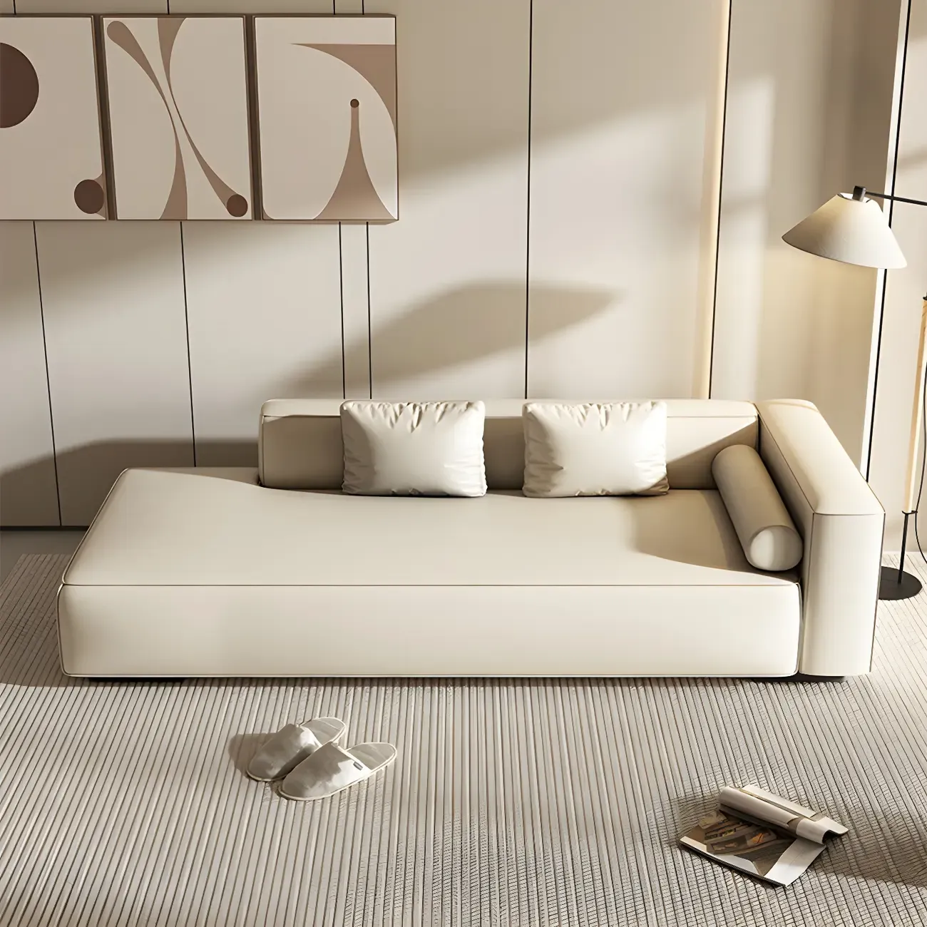 Modern Leather Wooden Chaise Lounge with Square Arm Image - 7