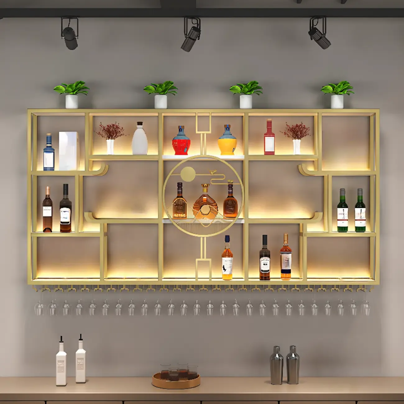 Wall-Mounted Metal Wine Rack with Glass Holder Image - 6