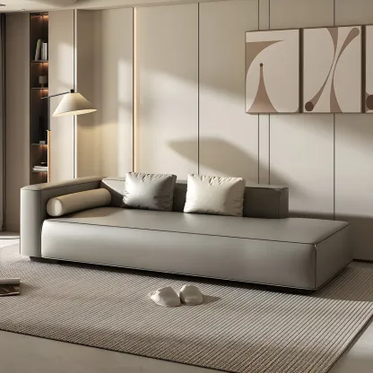 Modern Leather Wooden Chaise Lounge with Square Arm Image - 9