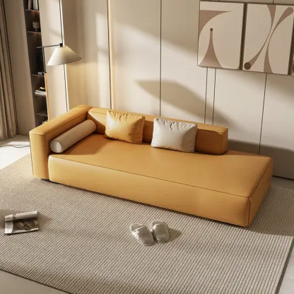 Modern Leather Wooden Chaise Lounge with Square Arm Image - 11