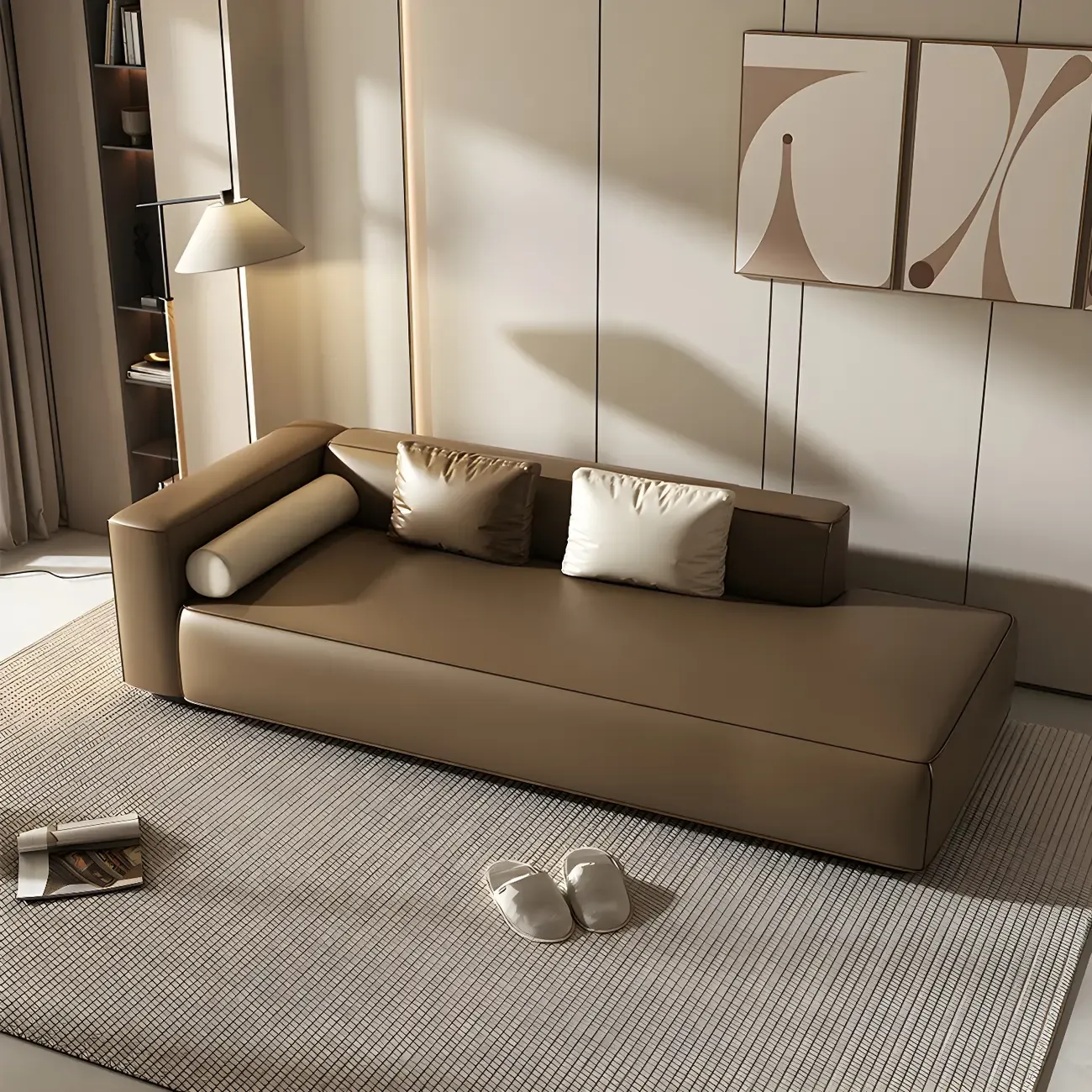 Modern Leather Wooden Chaise Lounge with Square Arm Image - 13