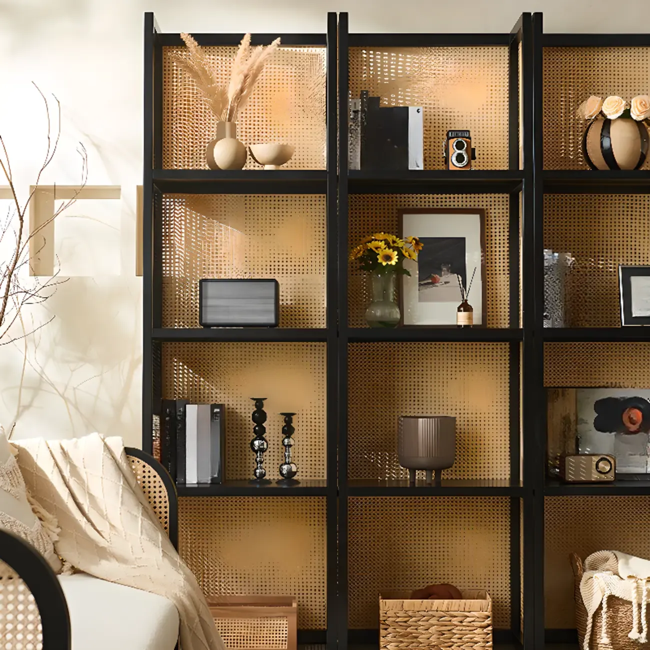 71" 3-Tier Modern Wooden Mesh Bookshelf Image - 7