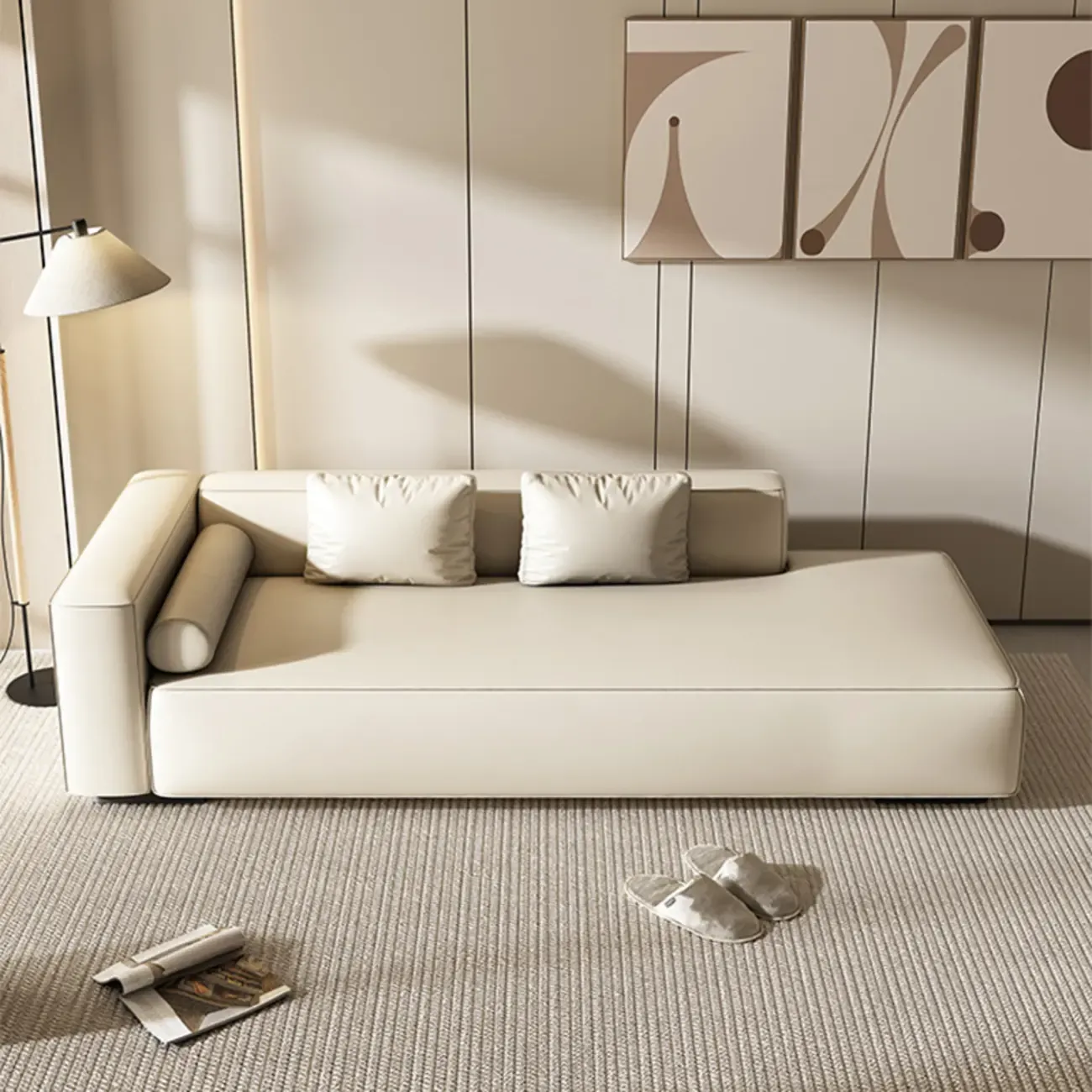 Modern Leather Wooden Chaise Lounge with Square Arm Image - 15