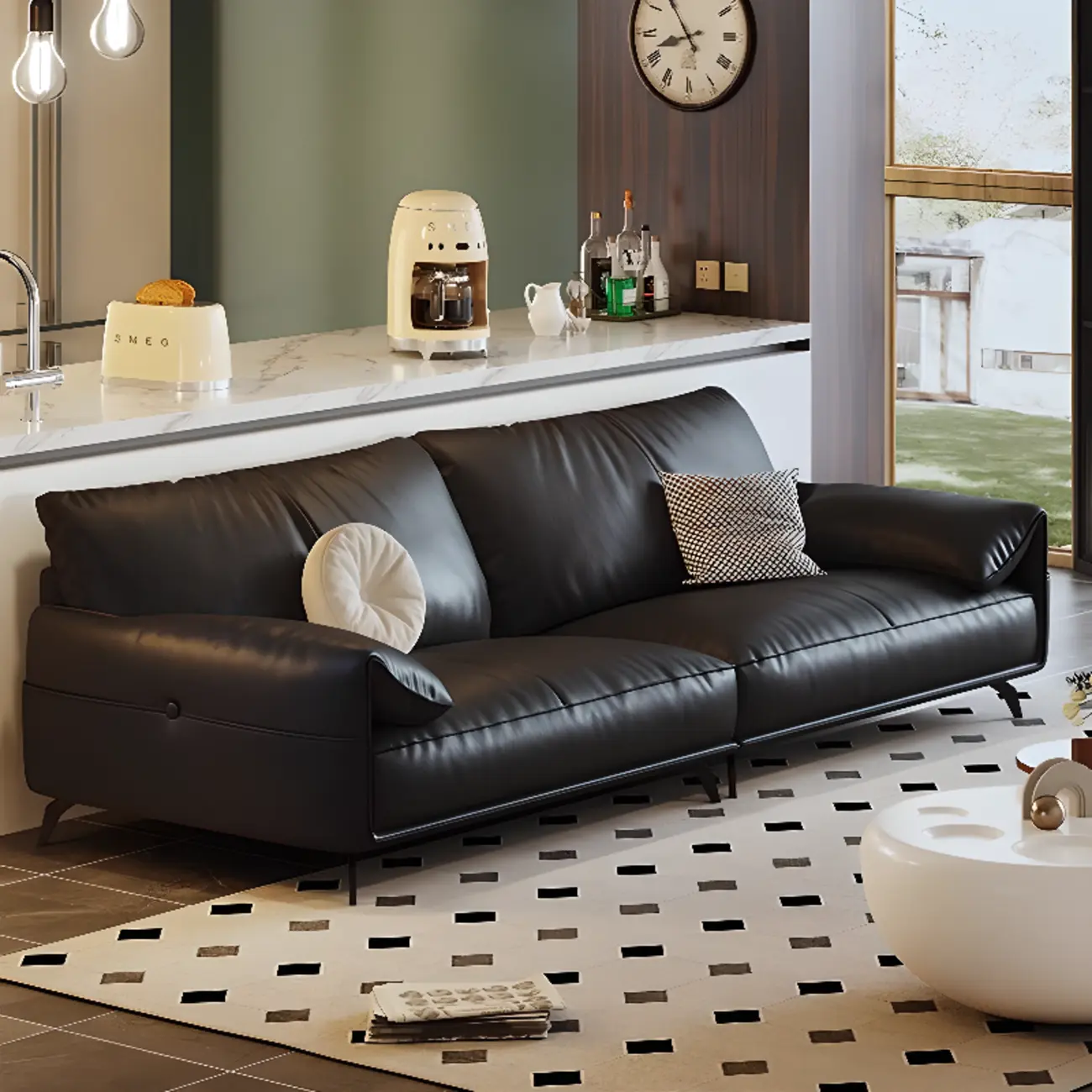 Modern Black Soft Genuine Leather Living Room Sofa 3-Seater Deep Couch with Pillow Back Image - 1 | homeyfad