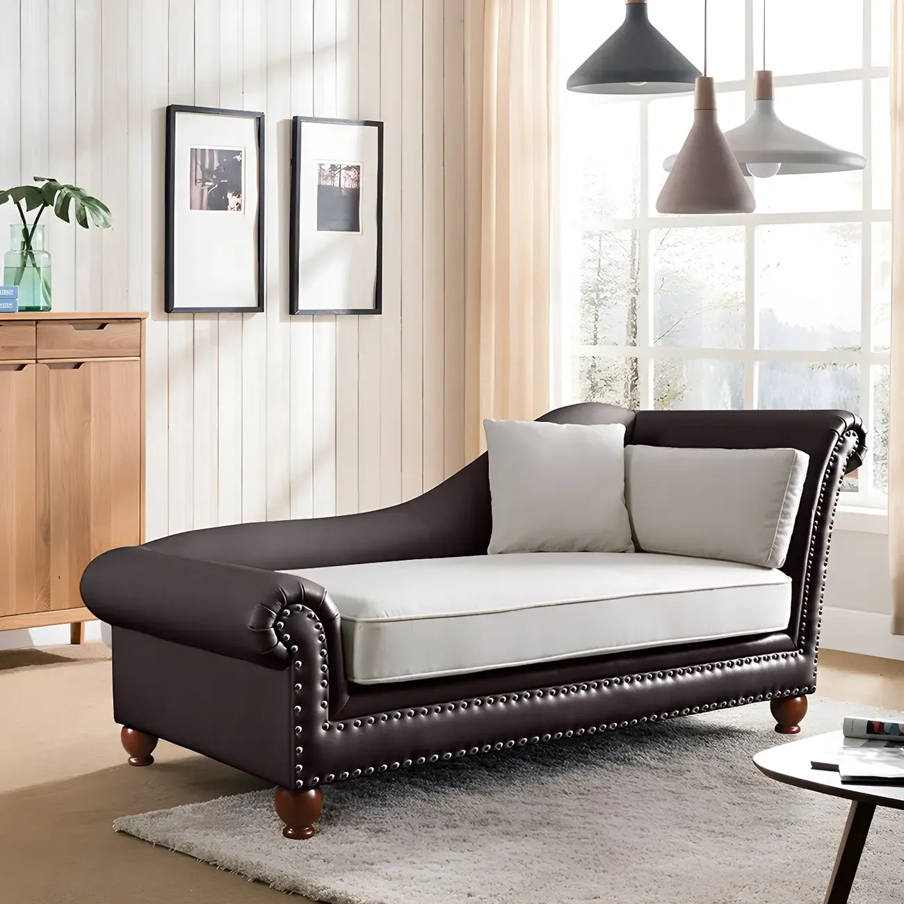 French Retro Modern Faux Leather Chaise Lounge With Arm and Pillow Image - 1