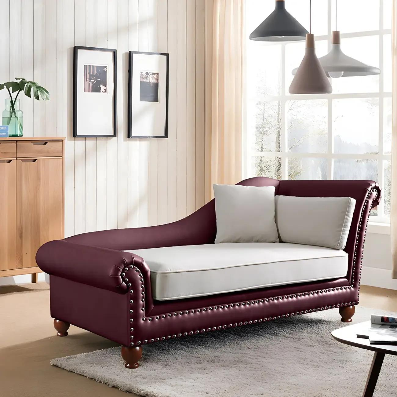 French Retro Modern Faux Leather Chaise Lounge With Arm and Pillow Image - 2