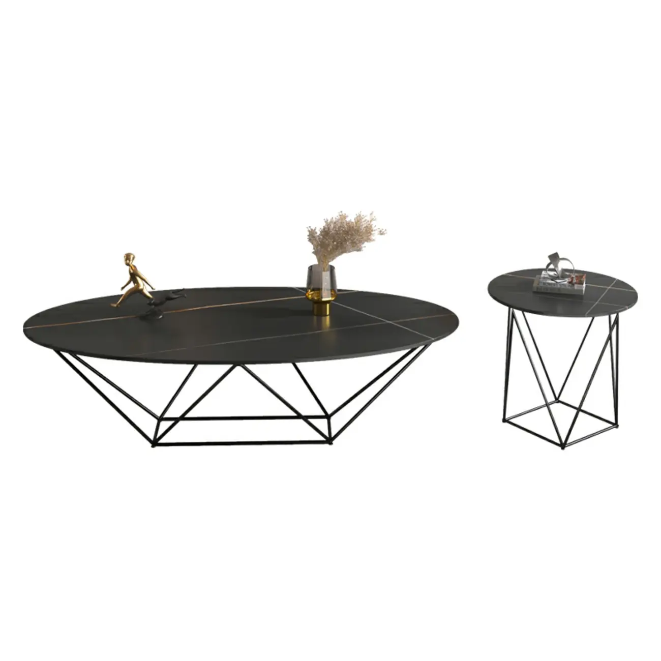 Stylish Metal Black Oval Coffee Table with Geometric Base Image - 9 | homeyfad