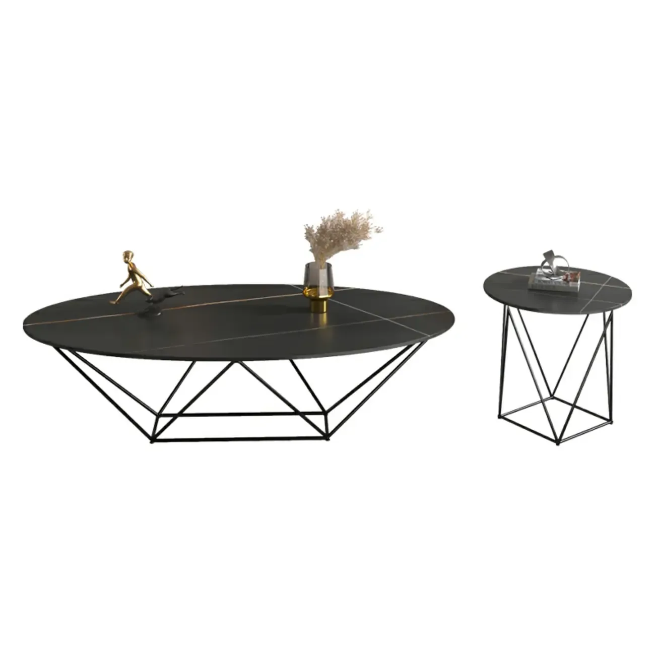 Stylish Metal Black Oval Coffee Table with Geometric Base Image - 9