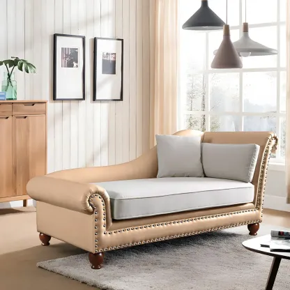 French Retro Modern Faux Leather Chaise Lounge With Arm and Pillow Image - 4