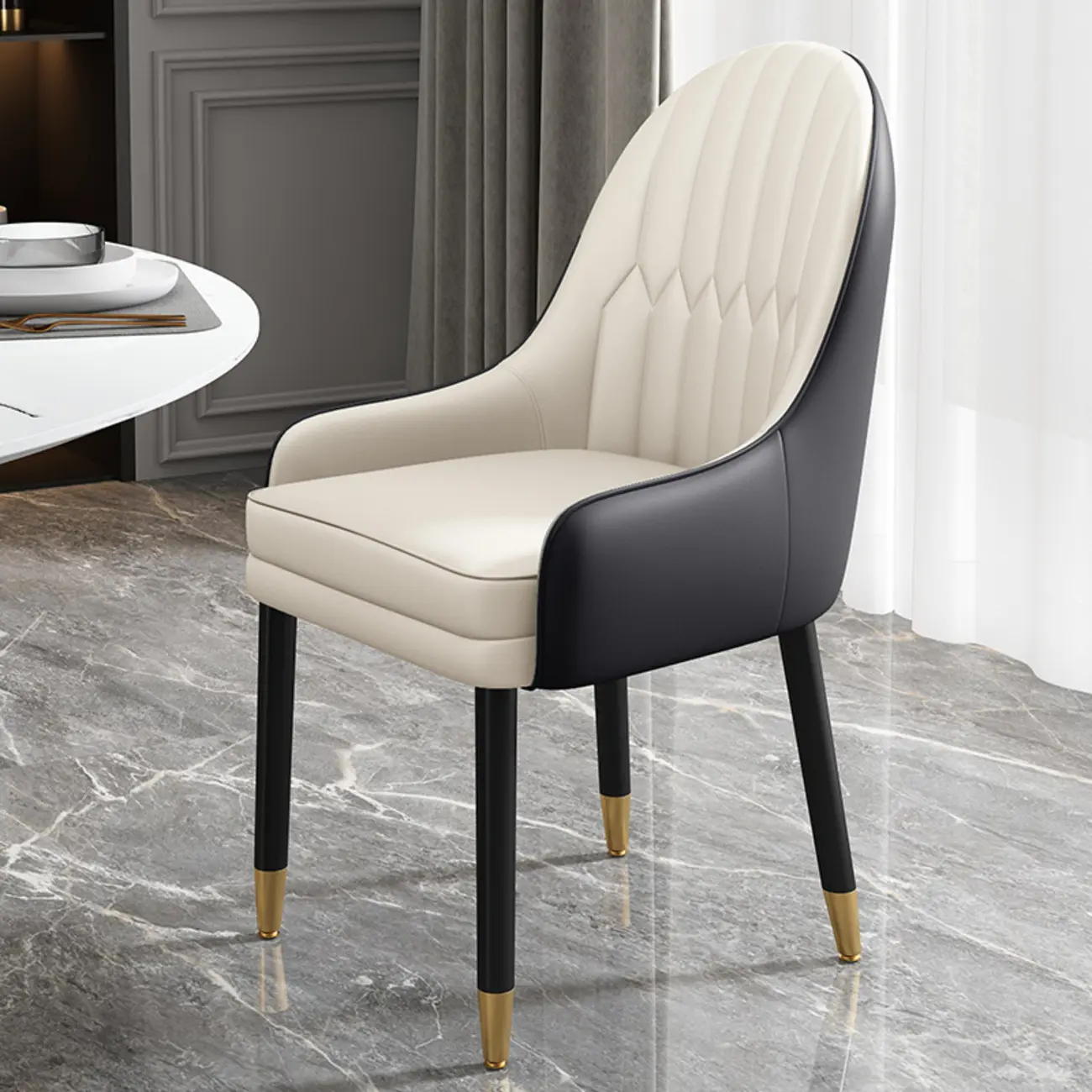 Faux Leather Dining Chair Color Block Sloped Arm with Metal Legs Image - 18 | homeyfad