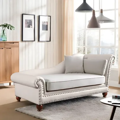 French Retro Modern Faux Leather Chaise Lounge With Arm and Pillow Image - 5