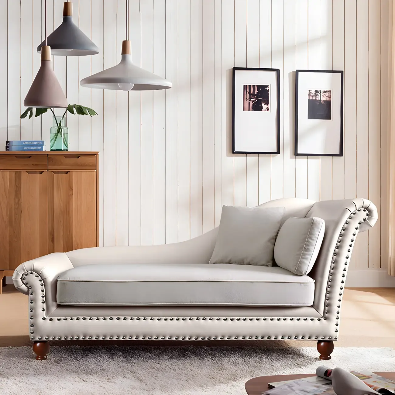 French Retro Modern Faux Leather Chaise Lounge With Arm and Pillow Image - 7
