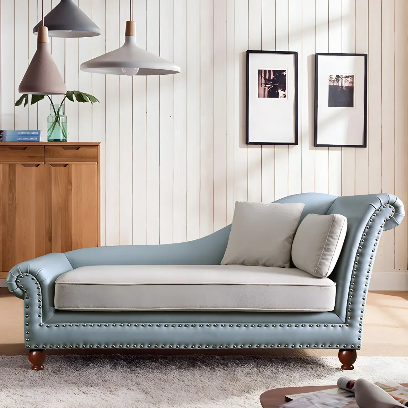 French Retro Modern Faux Leather Chaise Lounge With Arm and Pillow Image - 8