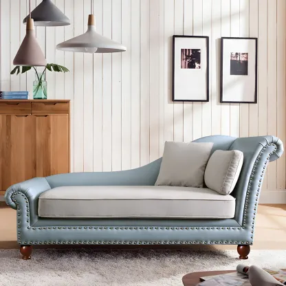 French Retro Modern Faux Leather Chaise Lounge With Arm and Pillow Image - 8