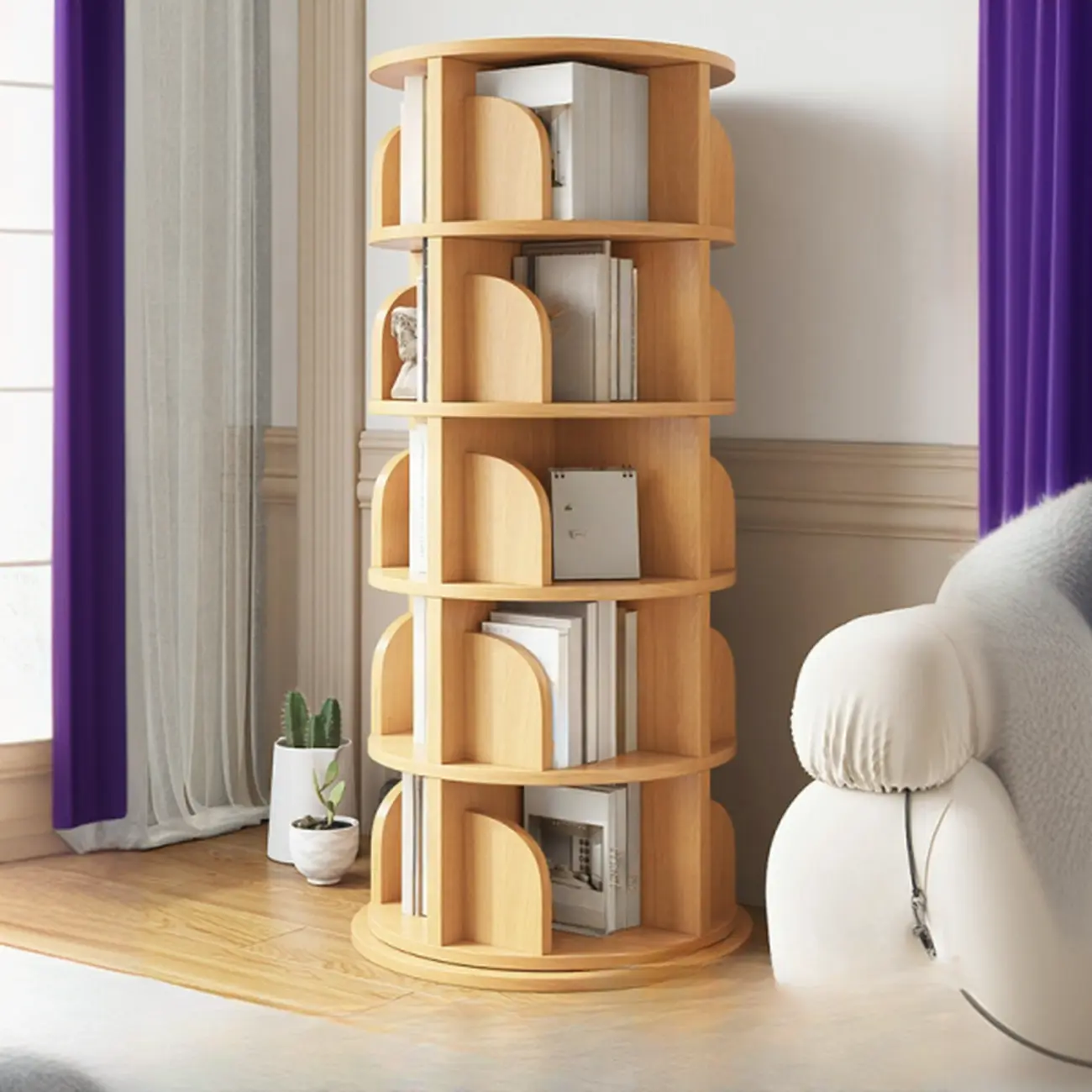 Modern Natural Wood Rotating Bookshelf Image - 1 | homeyfad