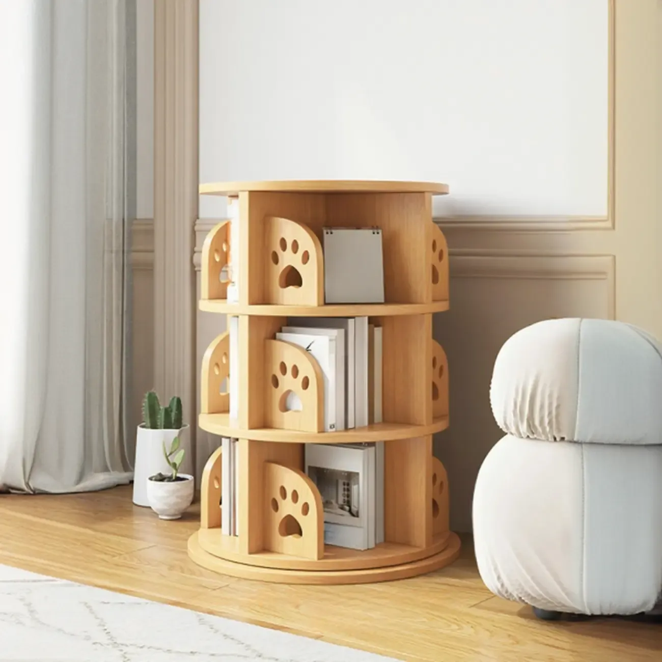 Modern Natural Wood Rotating Bookshelf Image - 2