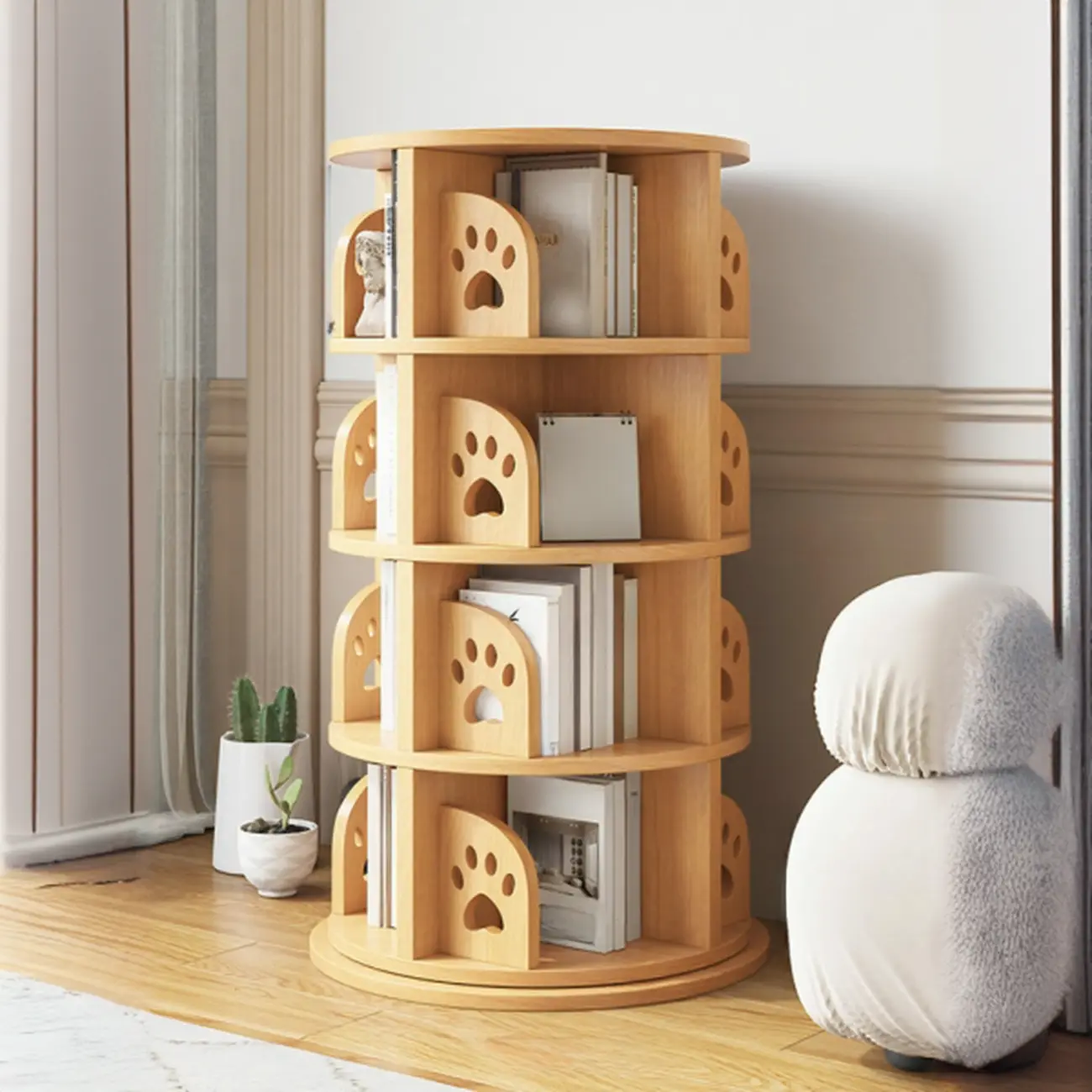 Modern Natural Wood Rotating Bookshelf Image - 3 | homeyfad