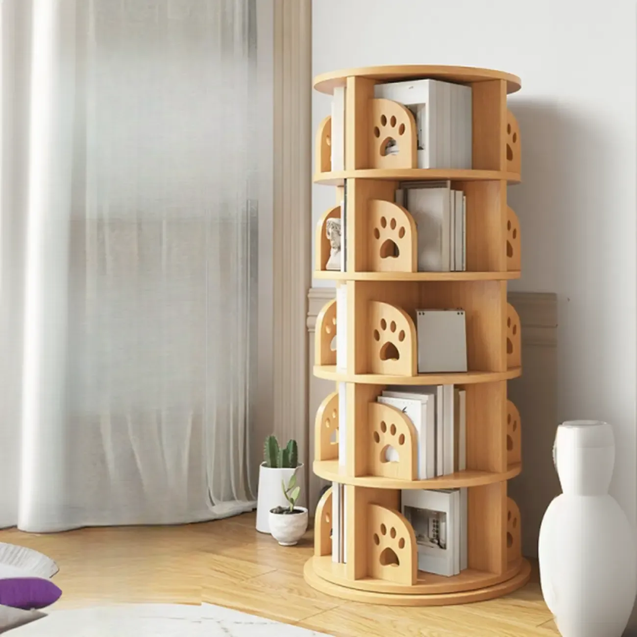 Modern Natural Wood Rotating Bookshelf Image - 4