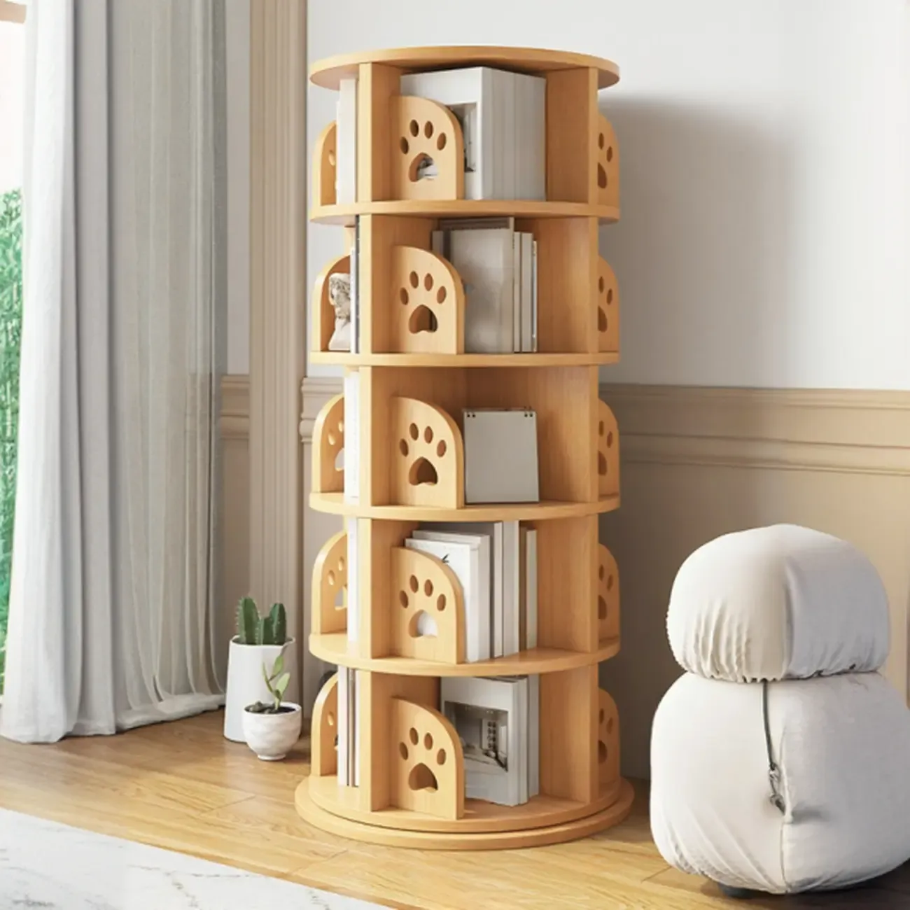 Modern Natural Wood Rotating Bookshelf Image - 5