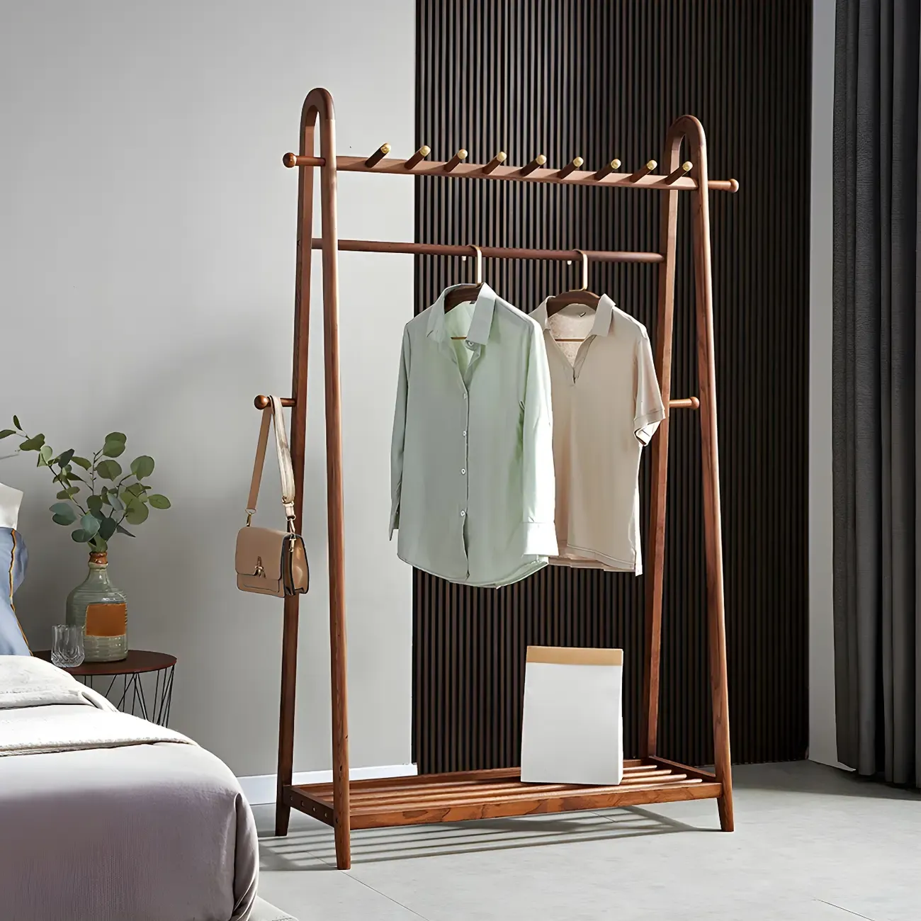 Brown Freestanding Open Wardrobe Ash Wood with Clothing Rod Image - 1
