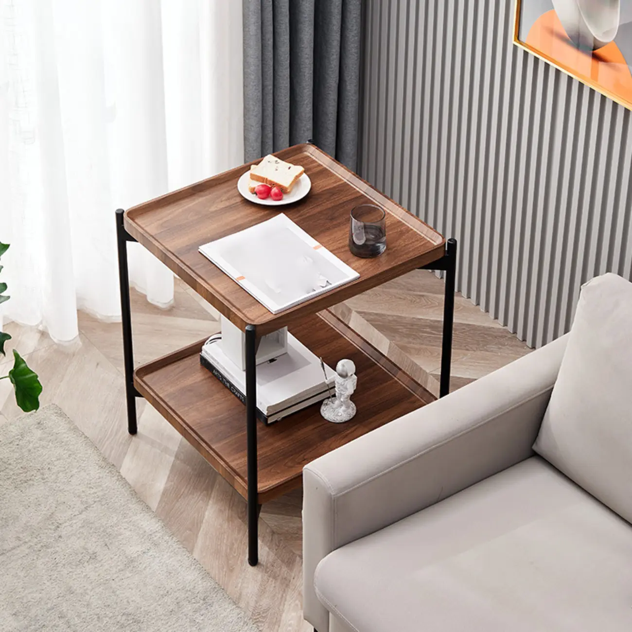 2 Tier Wood Square End Table - Modern Metal Frame Image - 1 | homeyfad