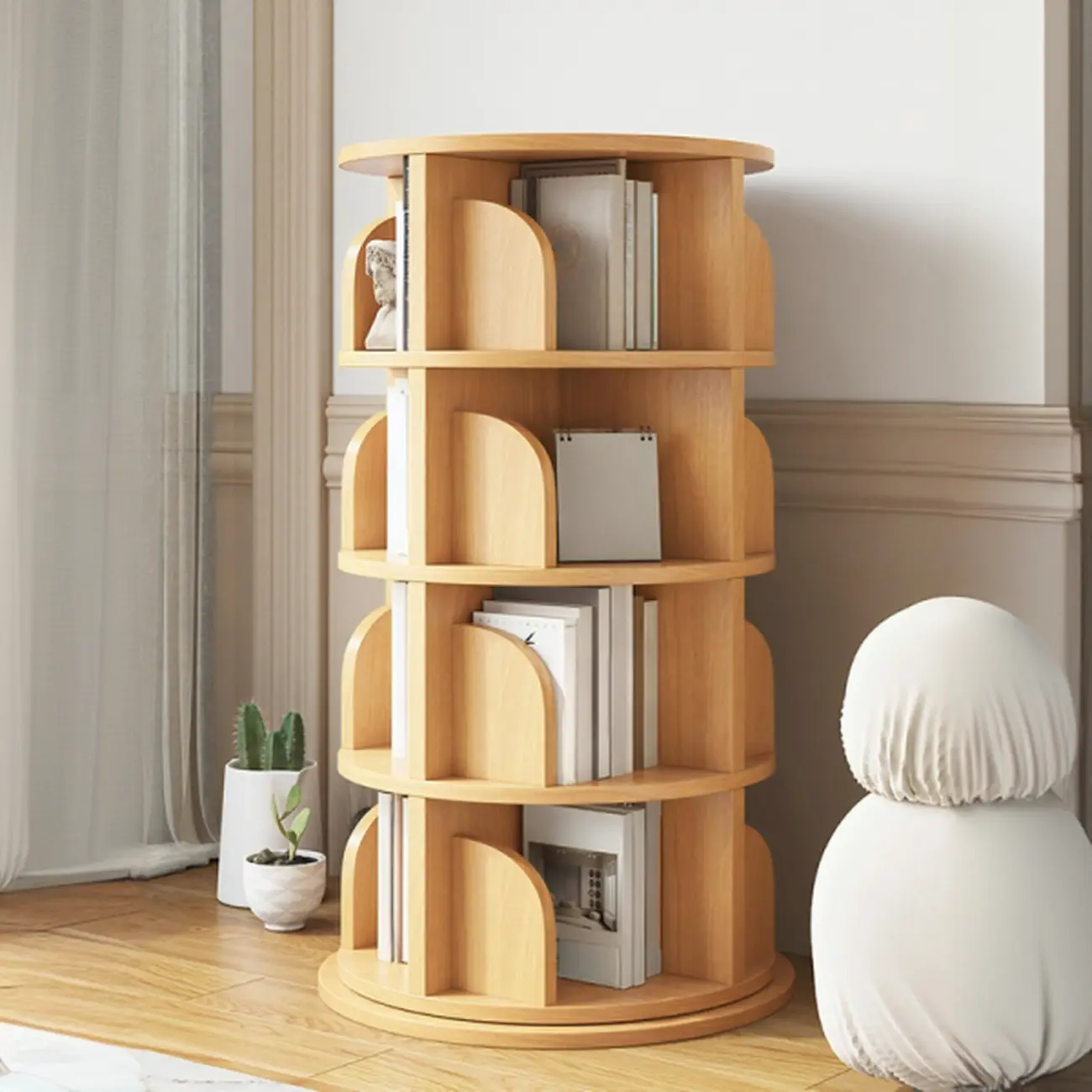 Modern Natural Wood Rotating Bookshelf Image - 6 | homeyfad