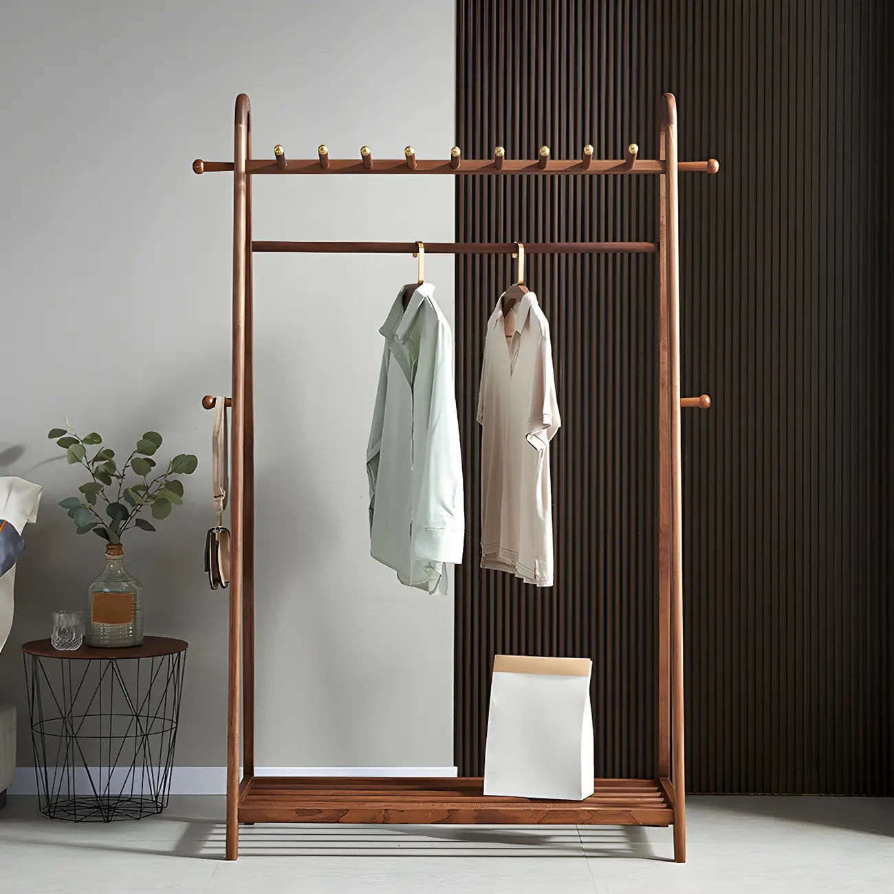 Brown Freestanding Open Wardrobe Ash Wood with Clothing Rod Image - 2 | homeyfad
