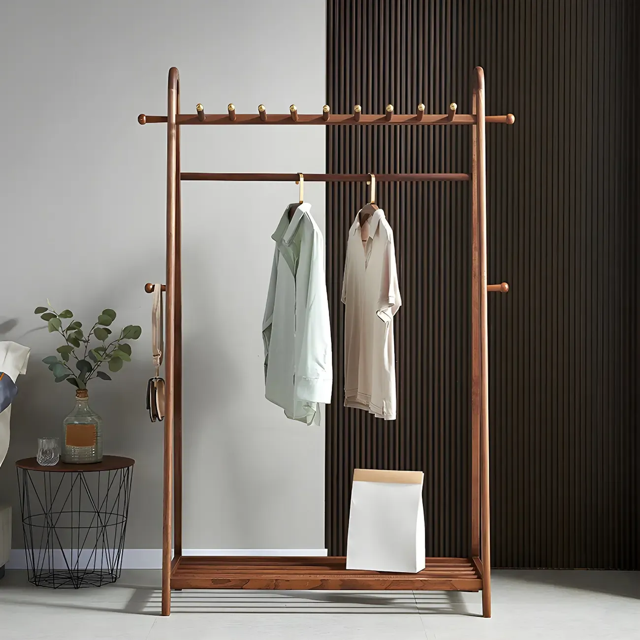 Brown Freestanding Open Wardrobe Ash Wood with Clothing Rod Image - 2