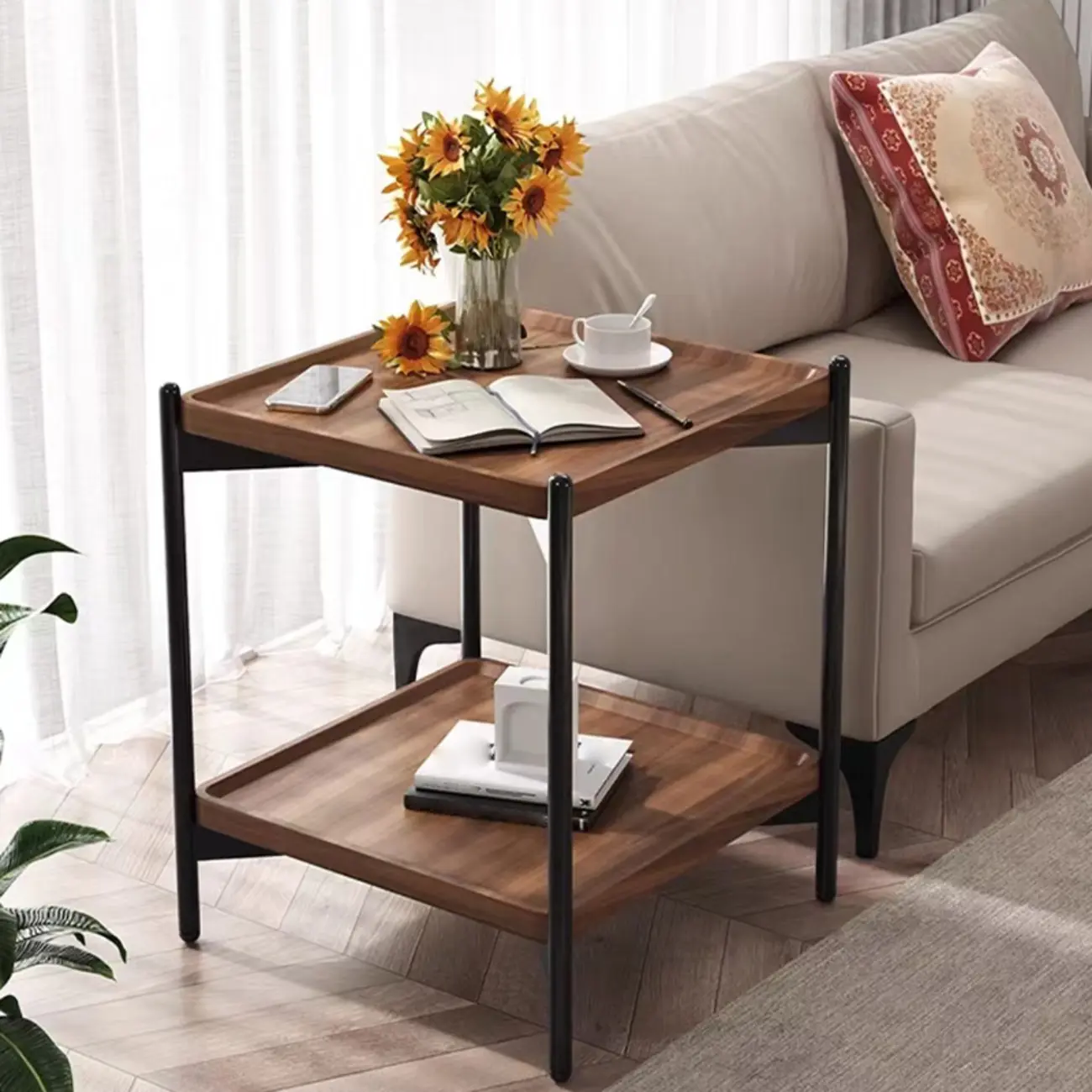 2 Tier Wood Square End Table - Modern Metal Frame Image - 2 | homeyfad