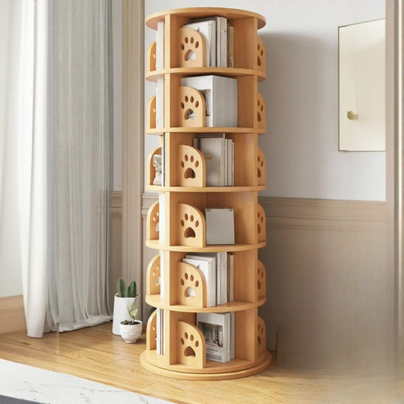 Modern Natural Wood Rotating Bookshelf Image - 7 | homeyfad