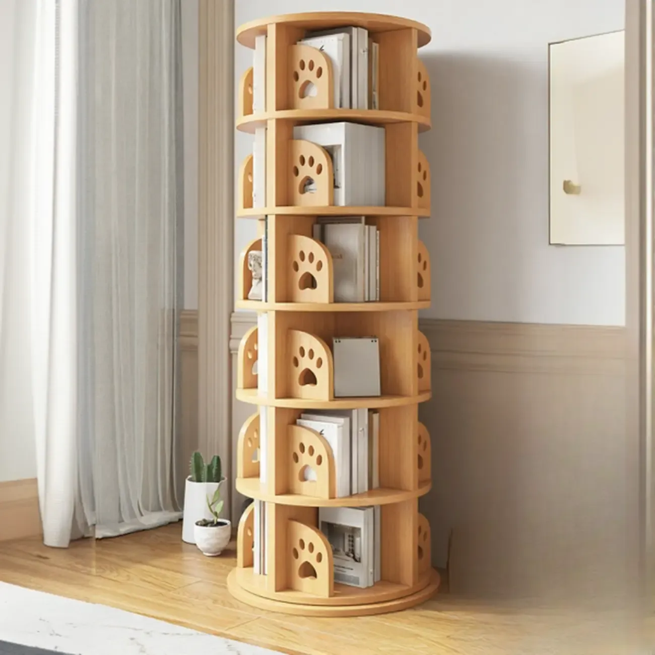 Modern Natural Wood Rotating Bookshelf Image - 7