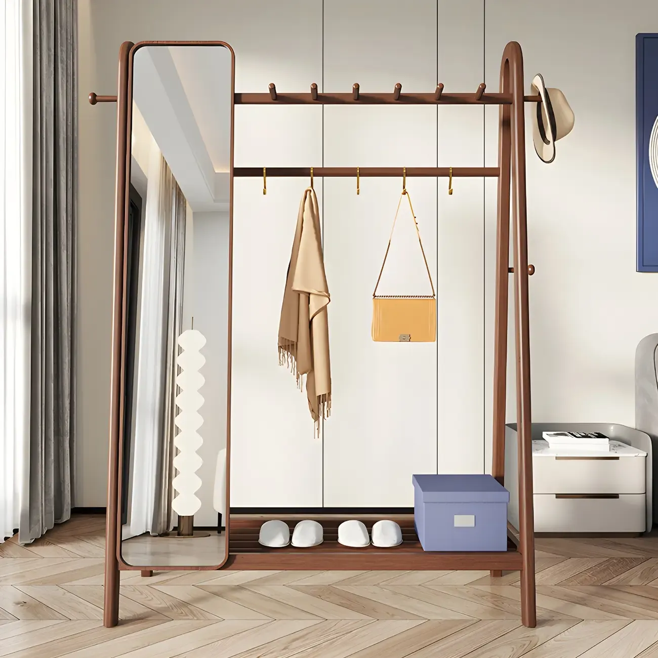 Brown Freestanding Open Wardrobe Ash Wood with Clothing Rod Image - 3