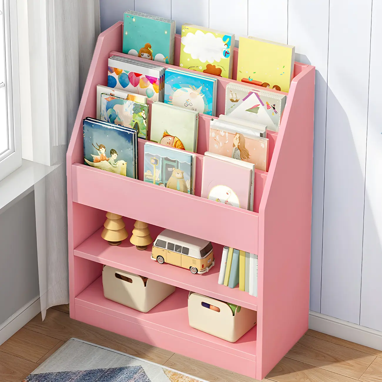 Modern ladder shape children's bookshelf toy storage shelf Image - 4 | homeyfad