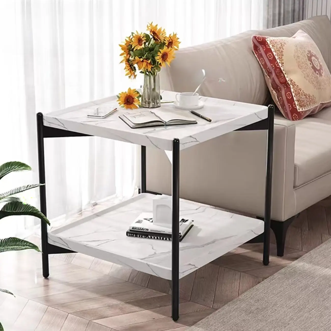 2 Tier Wood Square End Table - Modern Metal Frame Image - 3 | homeyfad